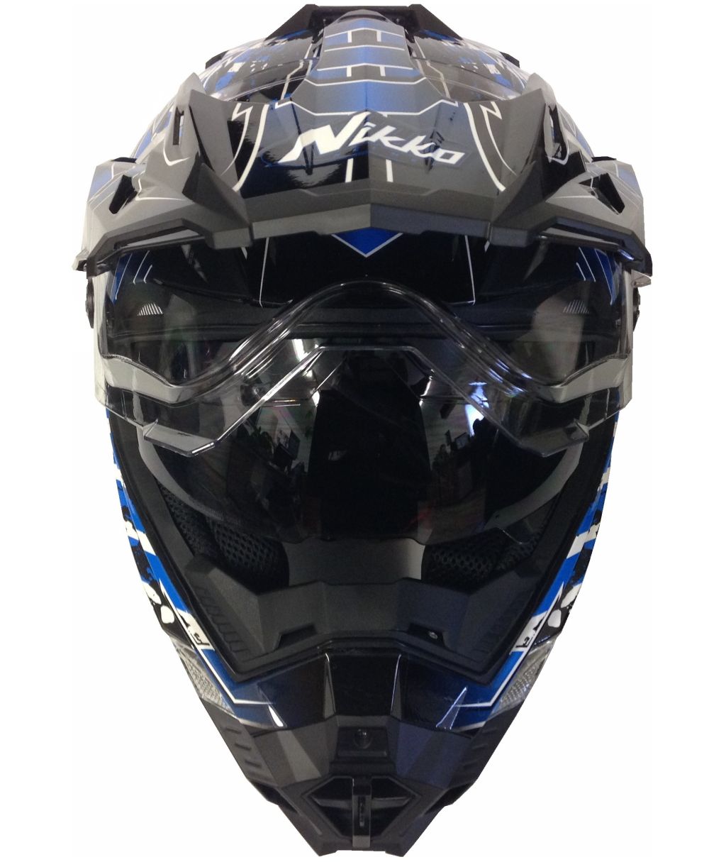 XL Motorradhelm MX Enduro Quad Helm Schwarz Blau mit Visier und Sonnenblende Gr